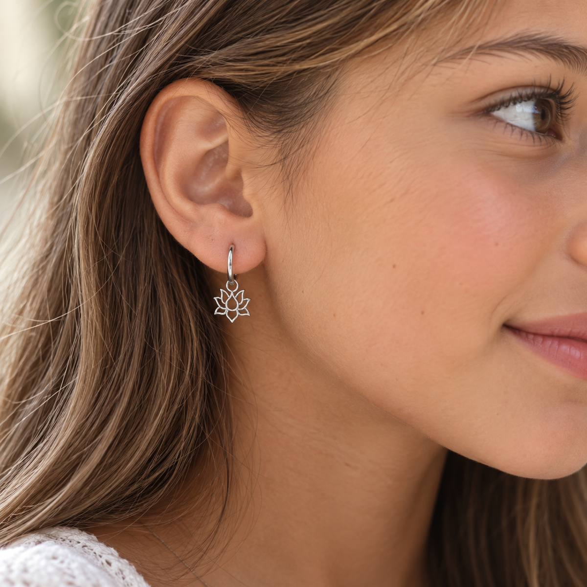 Leah Sterling Silver Hanging Lotus Flower Huggies