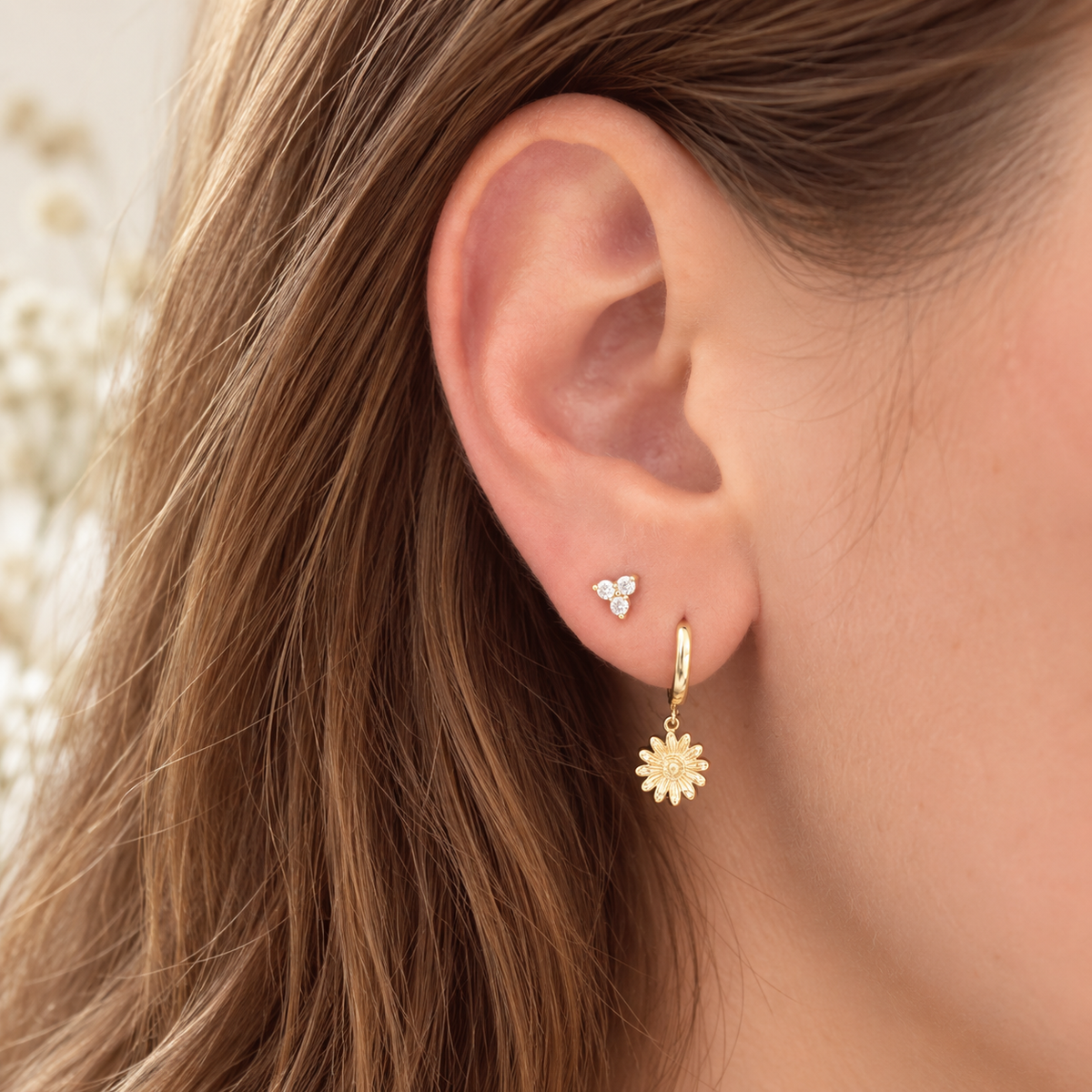 Megan Solid Gold Trio Diamond Stud Earrings
