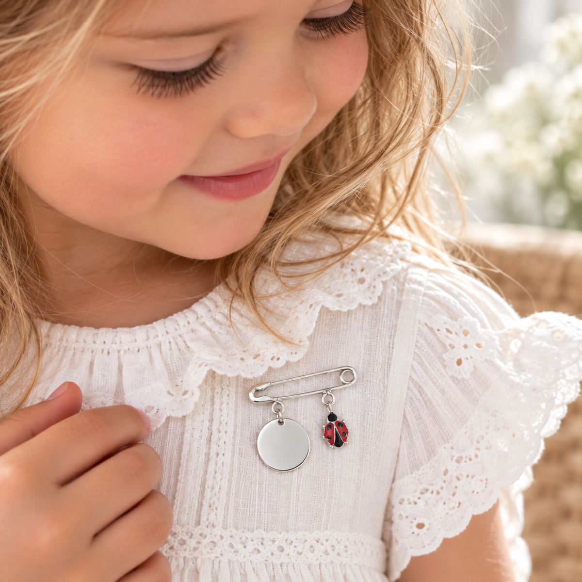 Birdie Sterling Silver Enamel Lady Beetle and Engravable Disc Pin