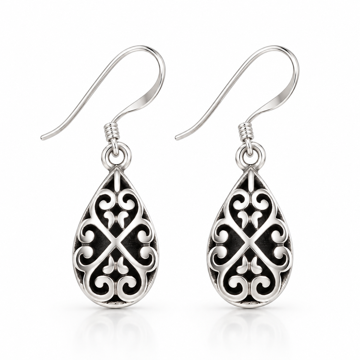 Morticia Black Enamel Drop Earrings with Filigree Back