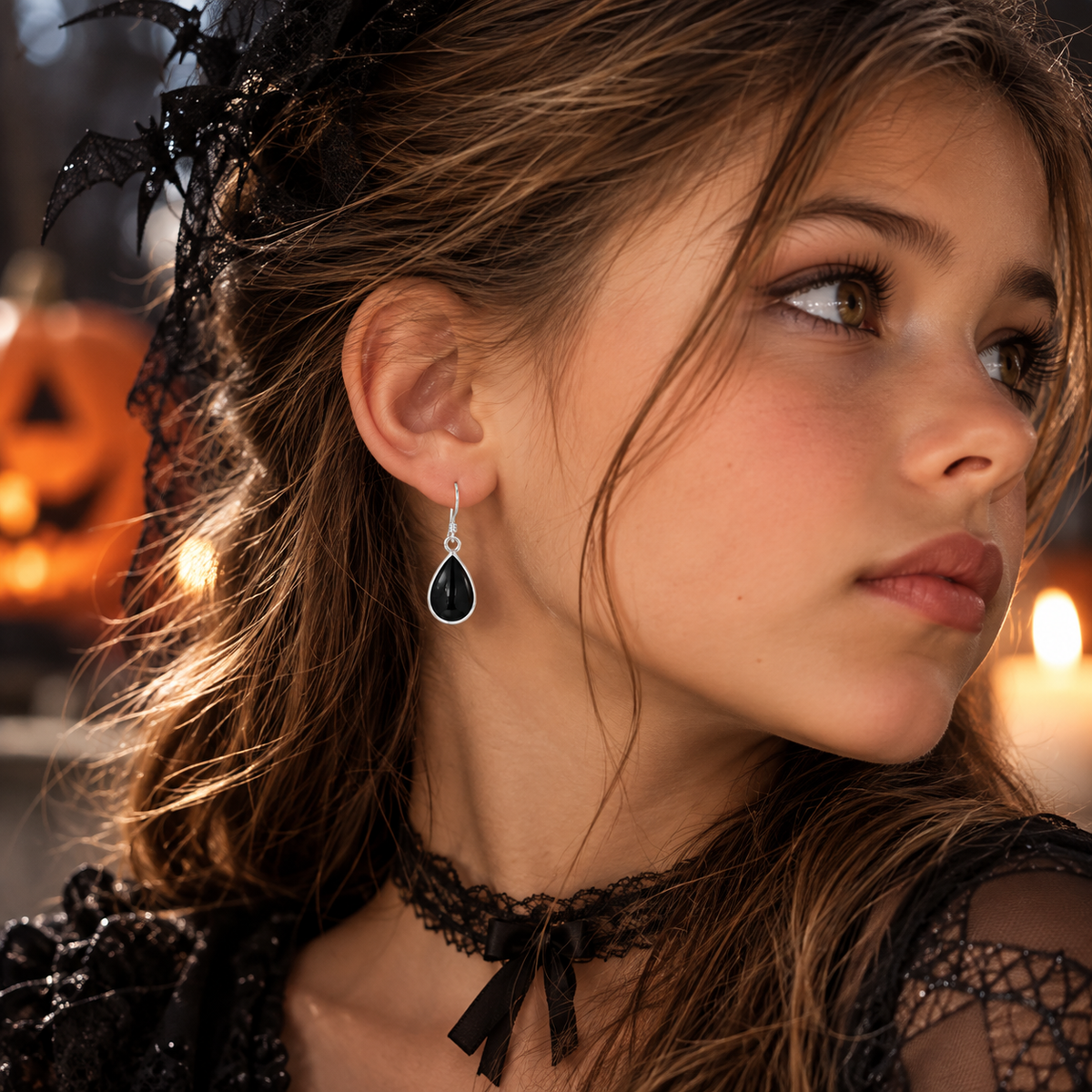 Morticia Black Enamel Drop Earrings with Filigree Back