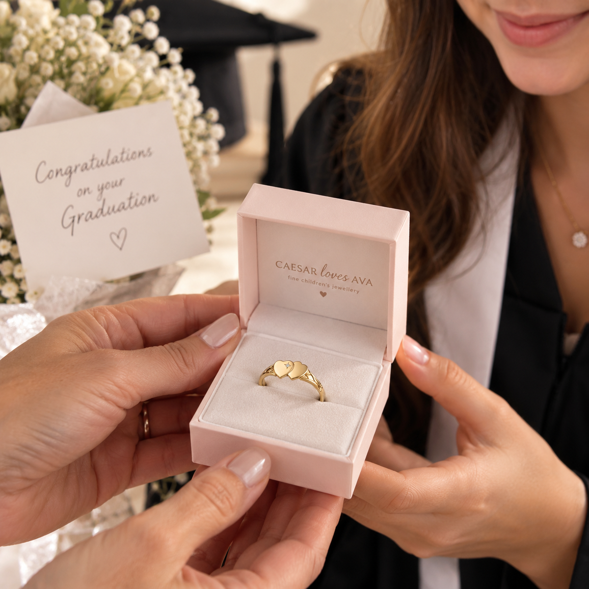 Eleanor Double Heart Solid Gold and Diamond Signet Ring