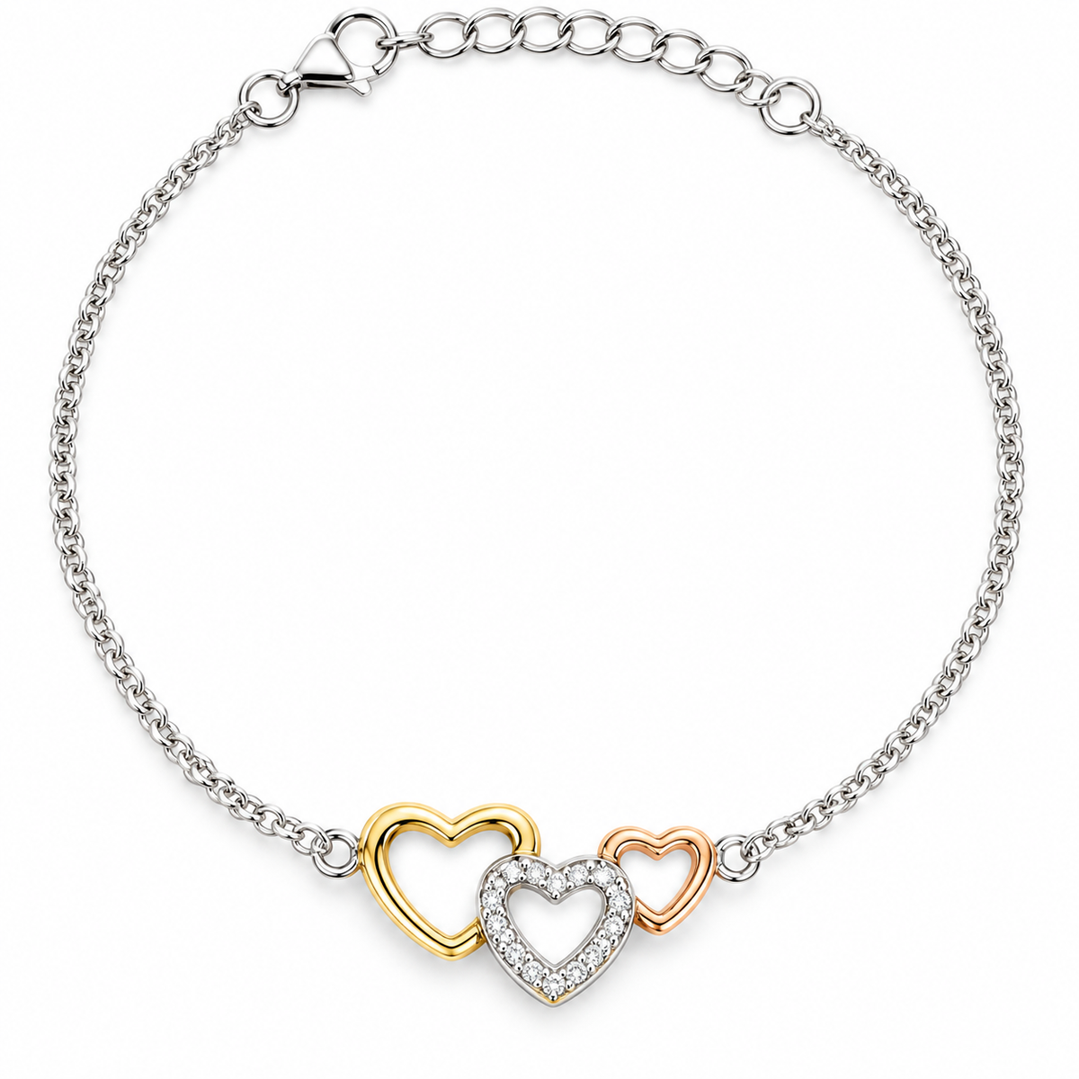 Patsy Sterling Silver Three-tone Open Hearts CZ Bracelet