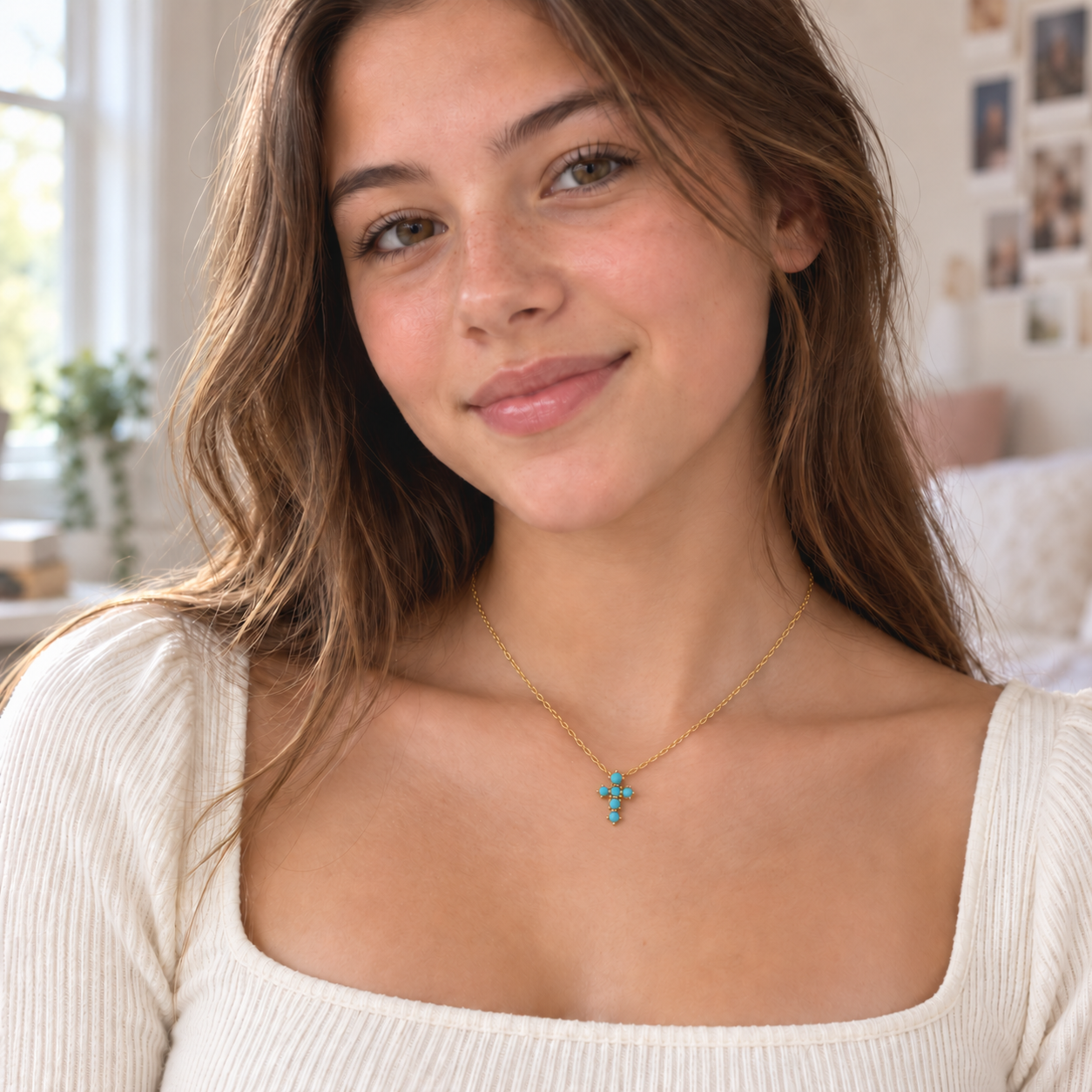 Tiana Sterling Silver and Gold Plated Turquoise Cross Necklace