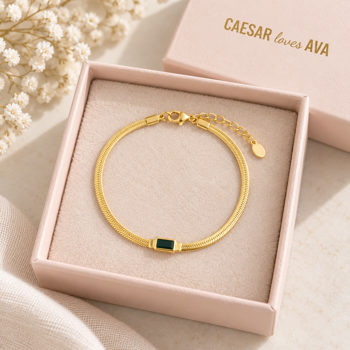 Jade Gold Plated Silver Herringbone Green Stone Bracelet