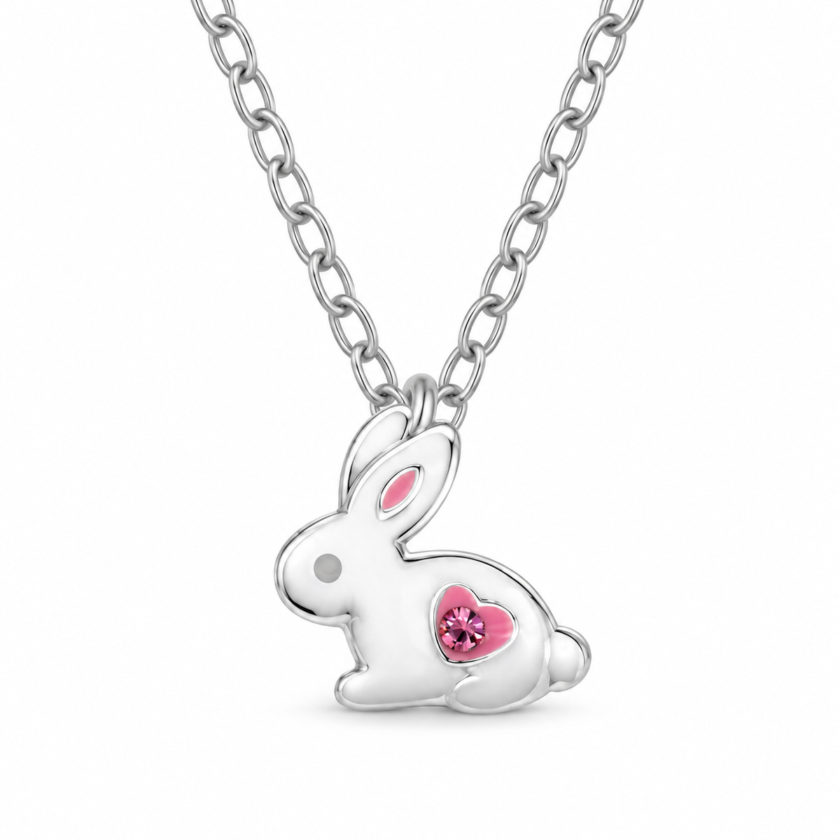 Bessie White Enamel Bunny Necklace with Pink Crystal