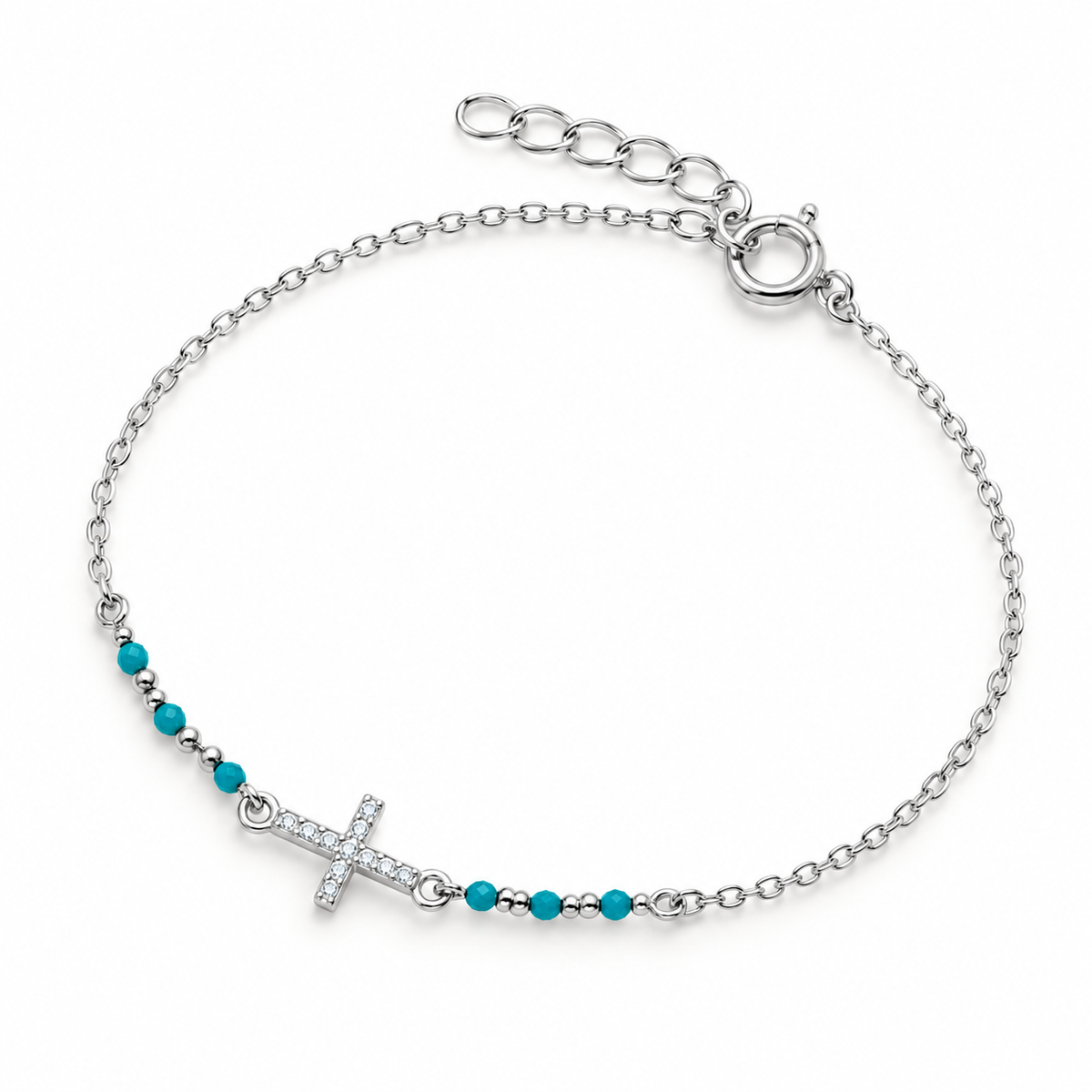 Evie Sterling Silver Sparkling Sideways Cross Bracelet With Enamel Beads