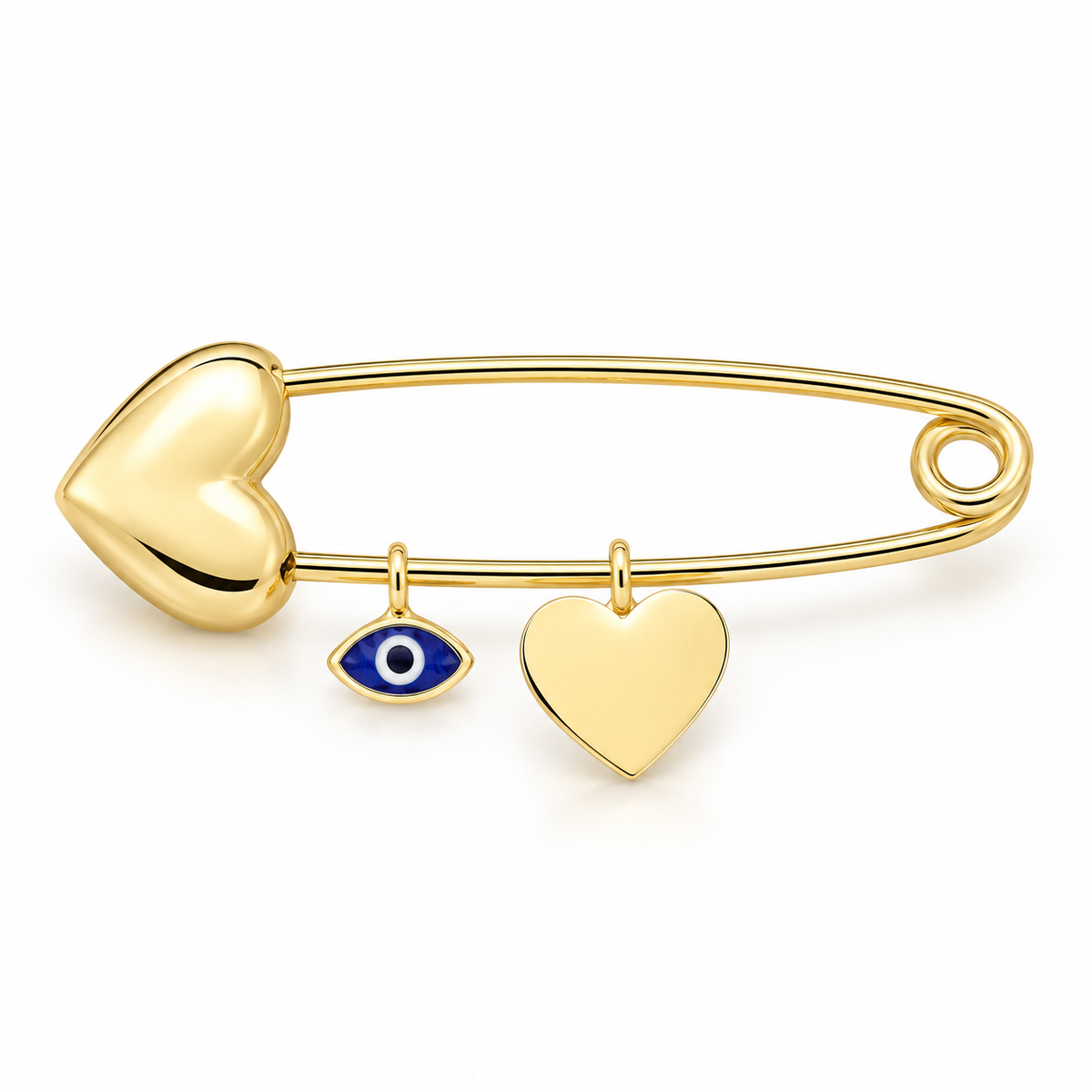 Cassidy Solid Yellow Gold Baby Pin with Heart and Evil Eye Charm