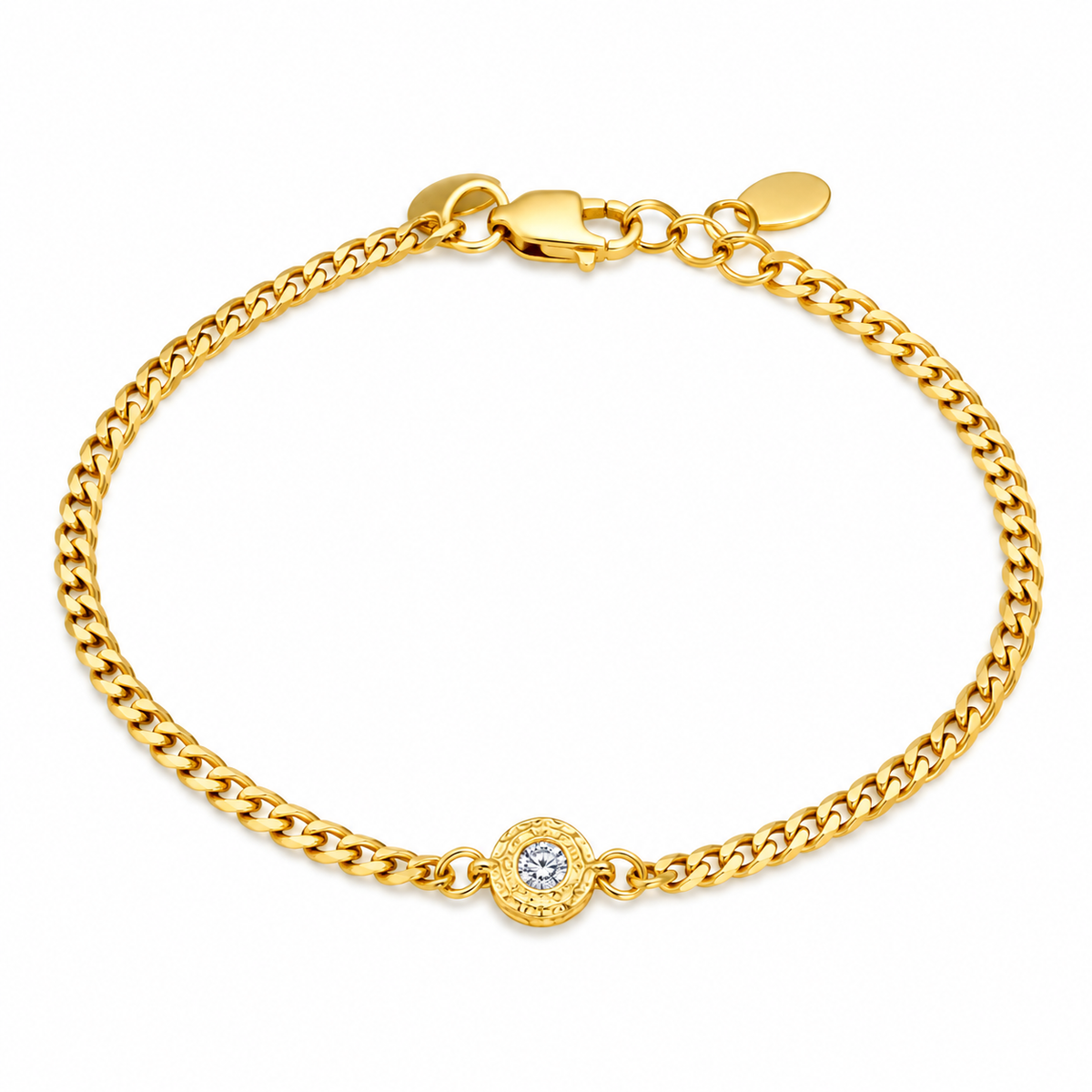 Anne Sterling Silver Gold Plated Flat Curb Bracelet with Hammered Circle