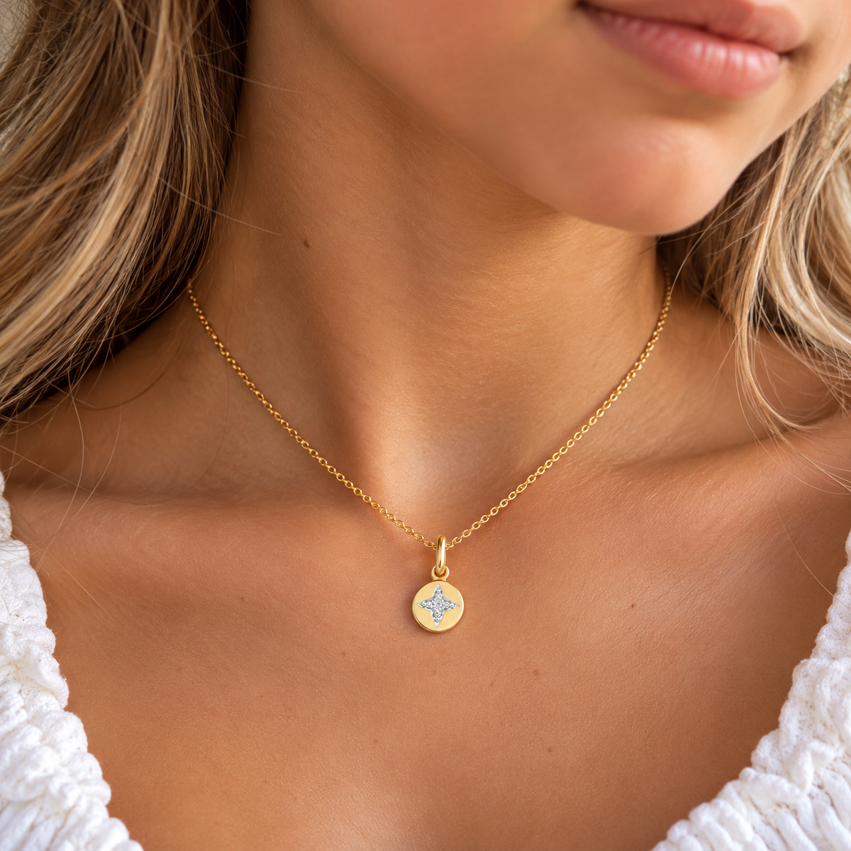 Bobbi Solid Gold Diamond Star Disc Necklace