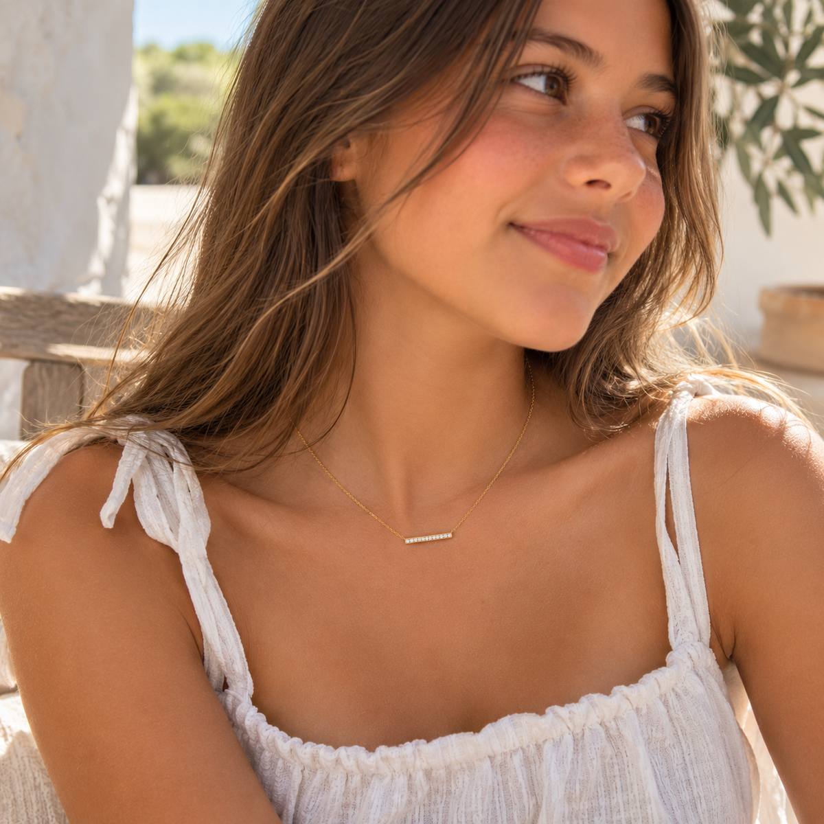 Mikayla Solid Gold and Diamond Bar Necklace
