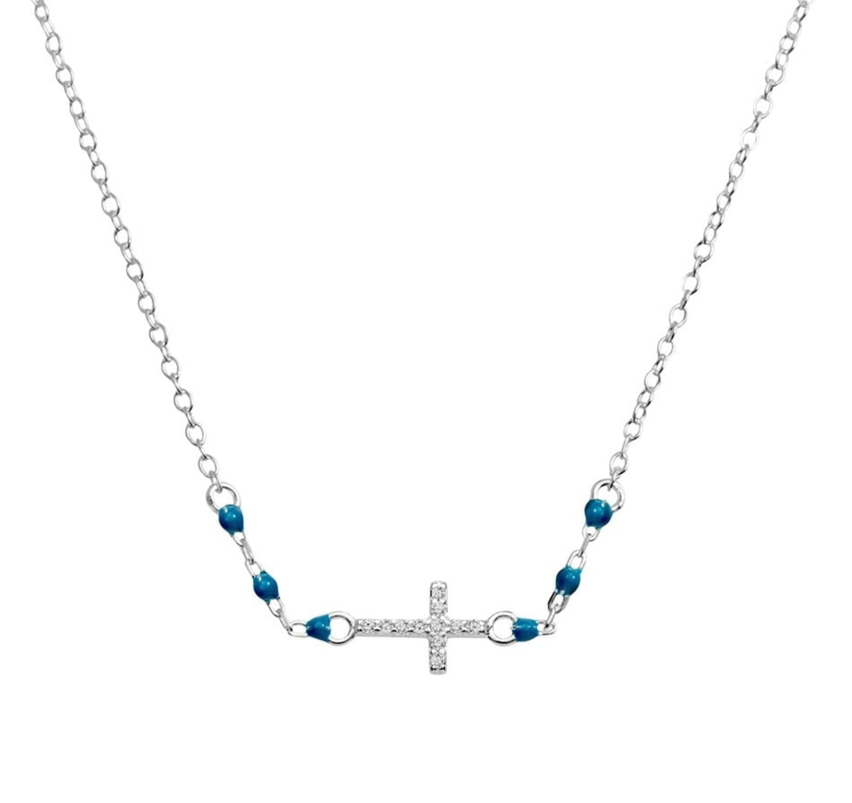Cameron Sterling Silver Sparkling Sideway Cross Necklace with Enamel Beads - Caesar Loves Ava