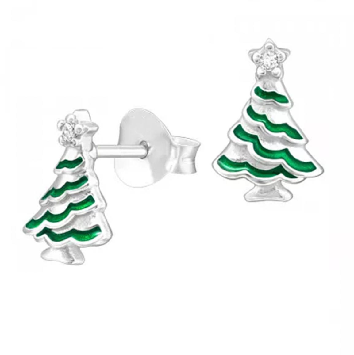 Sterling Silver and Enamel Christmas Tree Stud Earrings