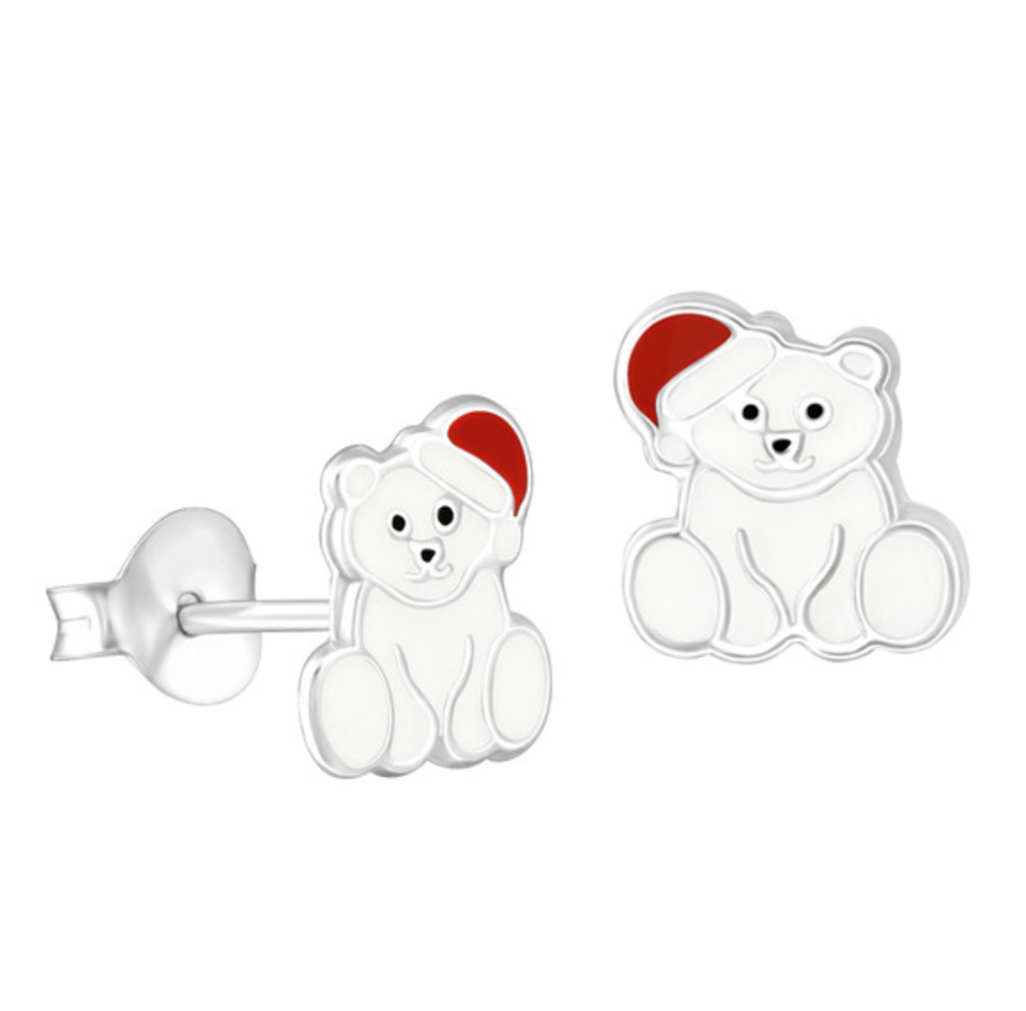 Sterling Silver and Enamel Polar Bear With Christmas Hat Stud Earrings