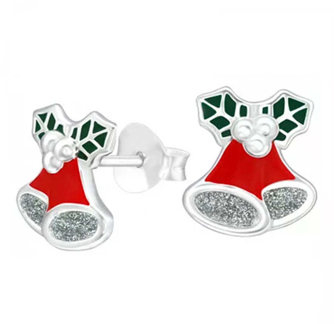 Sterling Silver and Enamel Christmas Bell Stud Earrings
