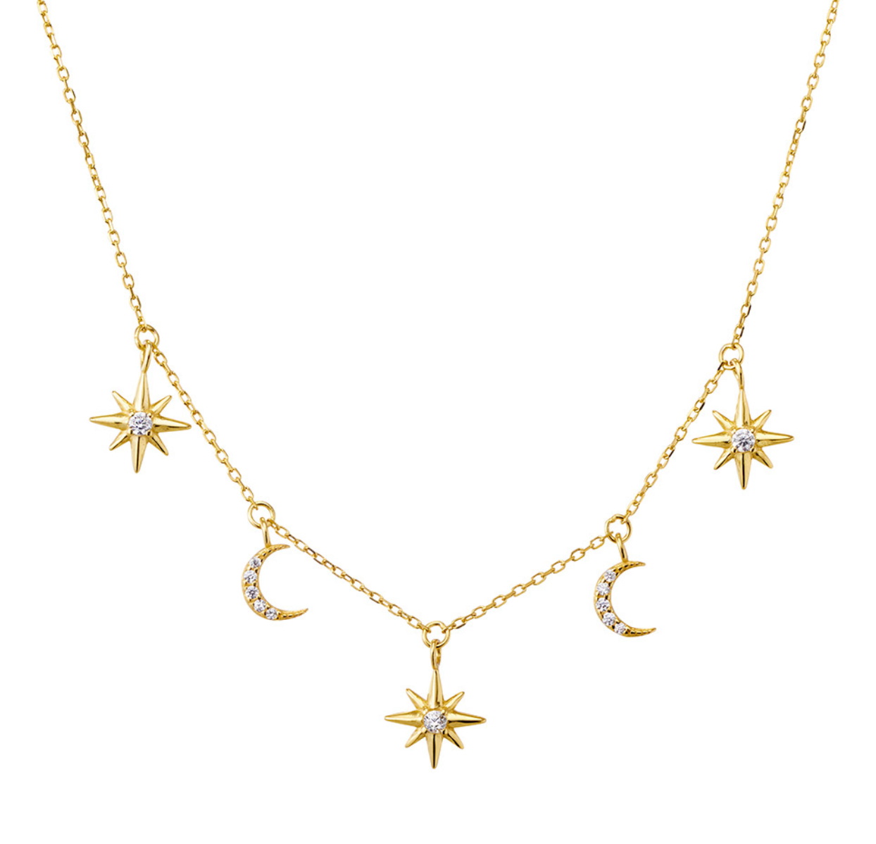 Laala Dazzling Moon and Star Charms Sterling Silver Necklace