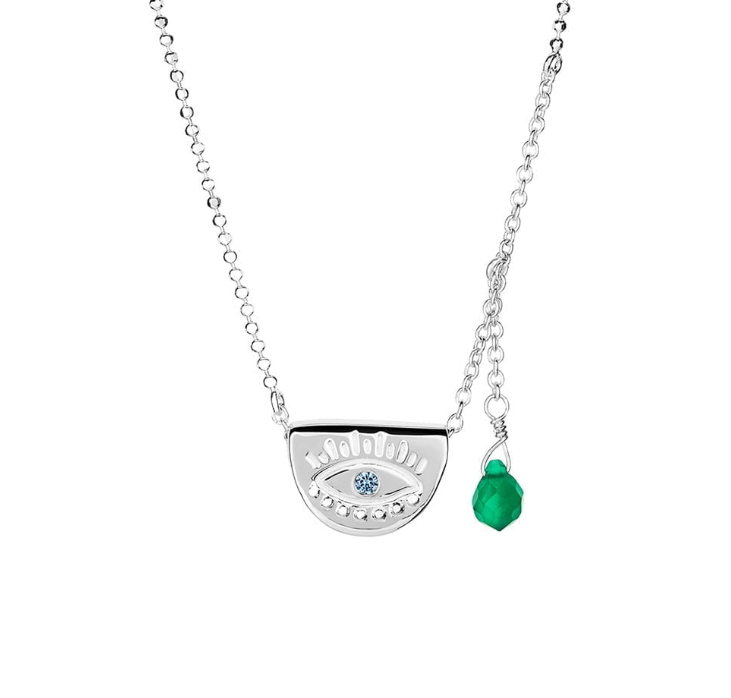 Lia Sliding Eye Silver Necklace with Green Hanging Charm