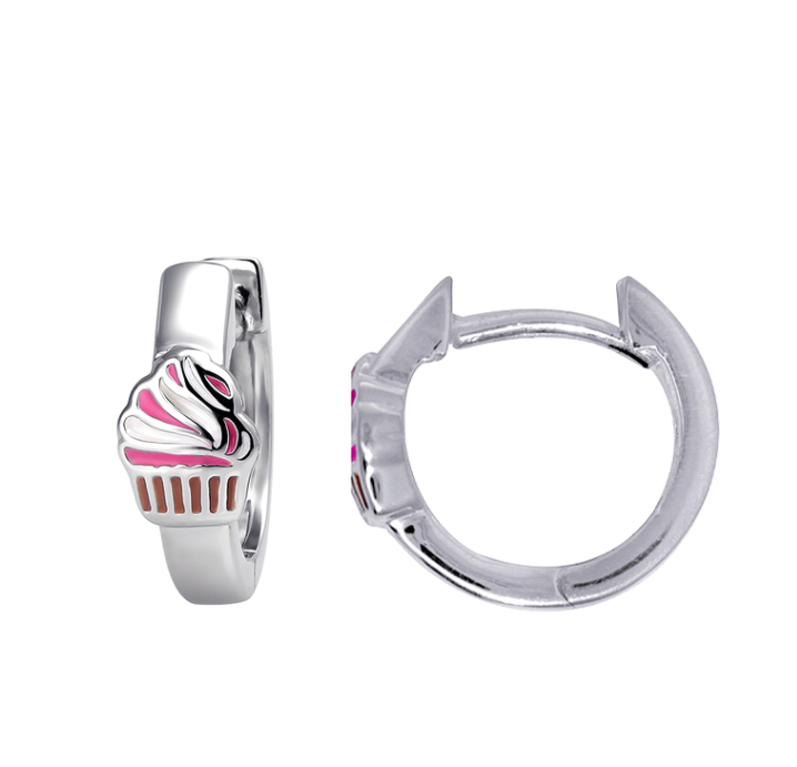 Emilea Silver Huggies with Enamel Cupcake
