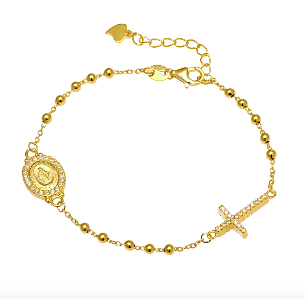 Magdeline Sterling Silver Dazzling Cross and Mother Mary Rosary Bracelet