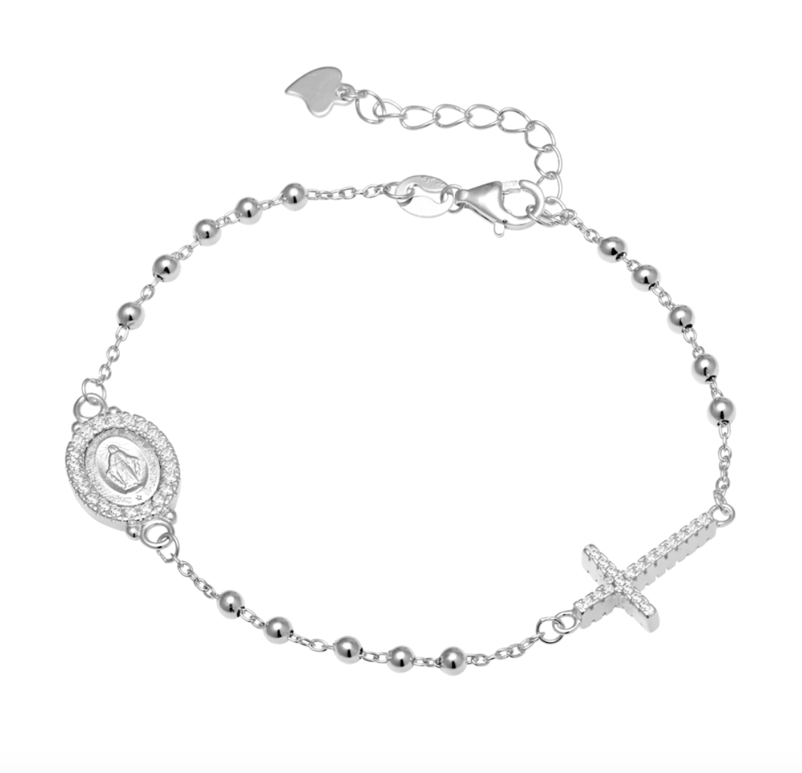 Magdeline Sterling Silver Dazzling Cross and Mother Mary Rosary Bracelet