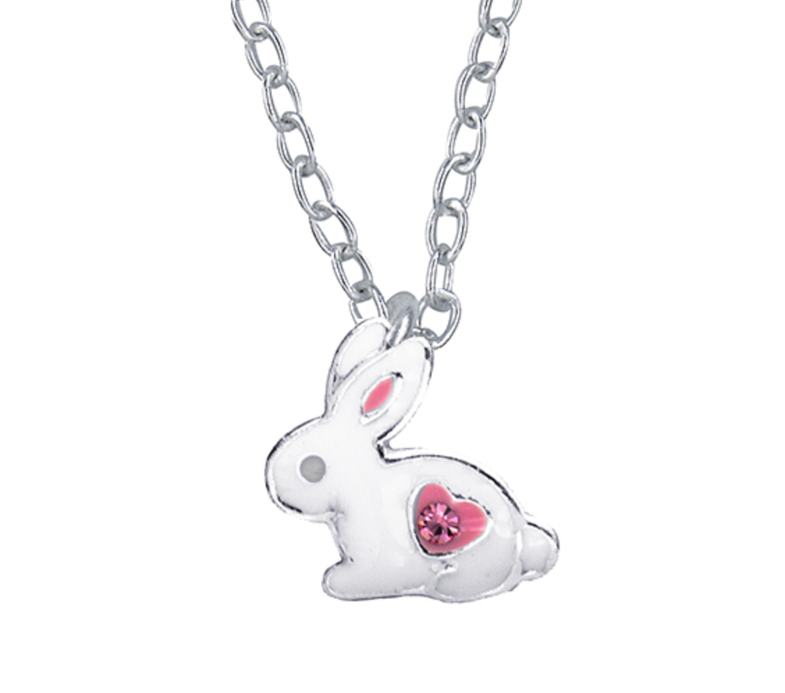 Bessie White Enamel Bunny Necklace with Pink Crystal - Caesar Loves Ava