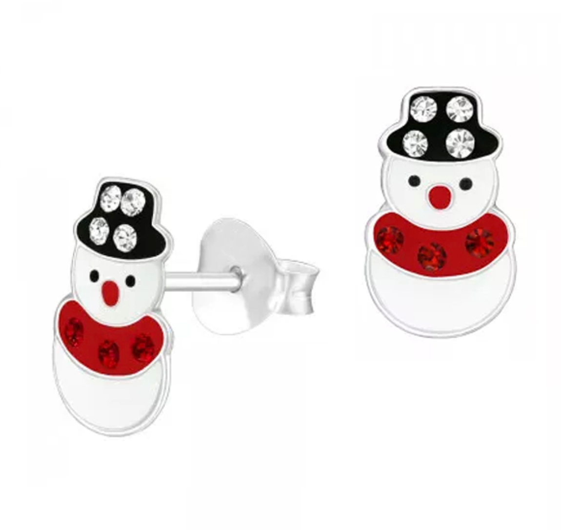 Sterling Silver and Enamel Christmas Snowman Stud Earrings