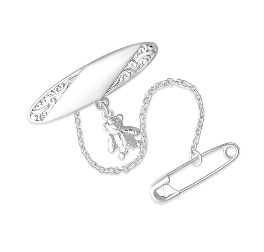 Guinevere Sterling Silver Embossed Brooch with Teddy Bear Charm - Caesar Loves Ava
