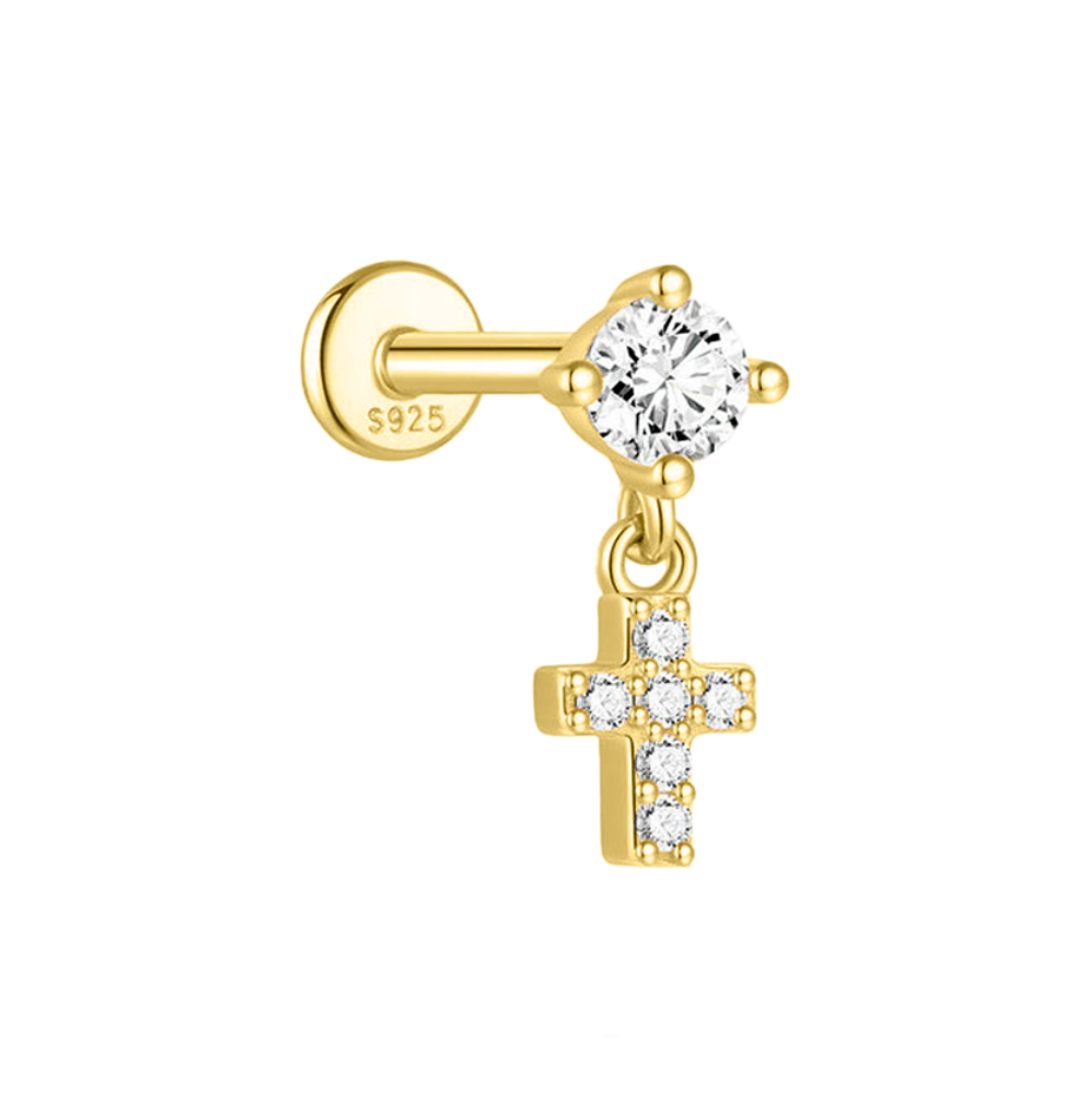 Arcadia Sterling Silver and Cubic Zirconia Hanging Cross Single Earring