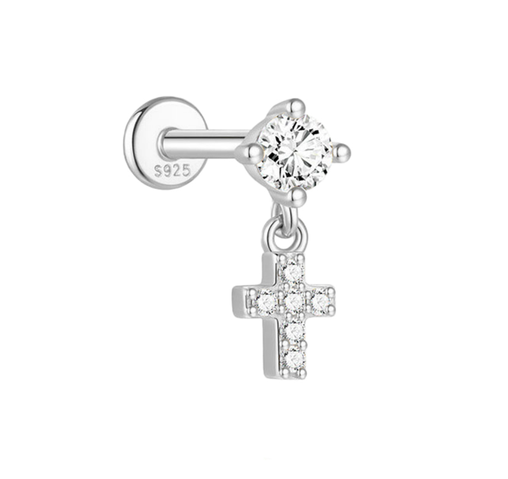 Arcadia Sterling Silver and Cubic Zirconia Hanging Cross Single Earring