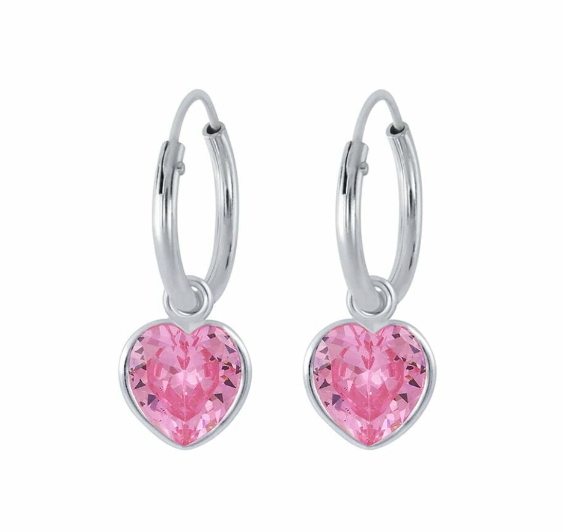Sara Sterling Silver and Pink Cubic Zirconia Heart Hoops