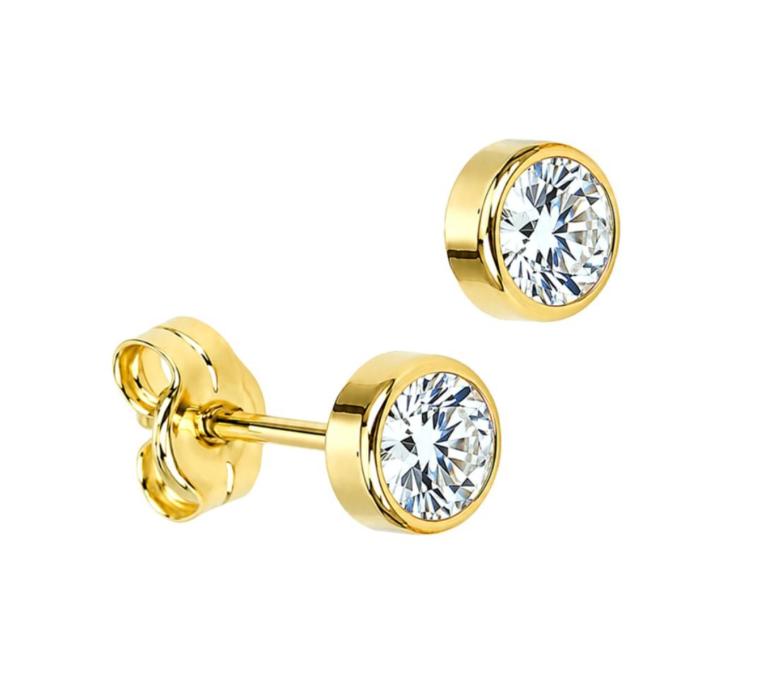 Mandy Solid Gold and Cubic Zirconia Round Bezel Set Stud Earrings