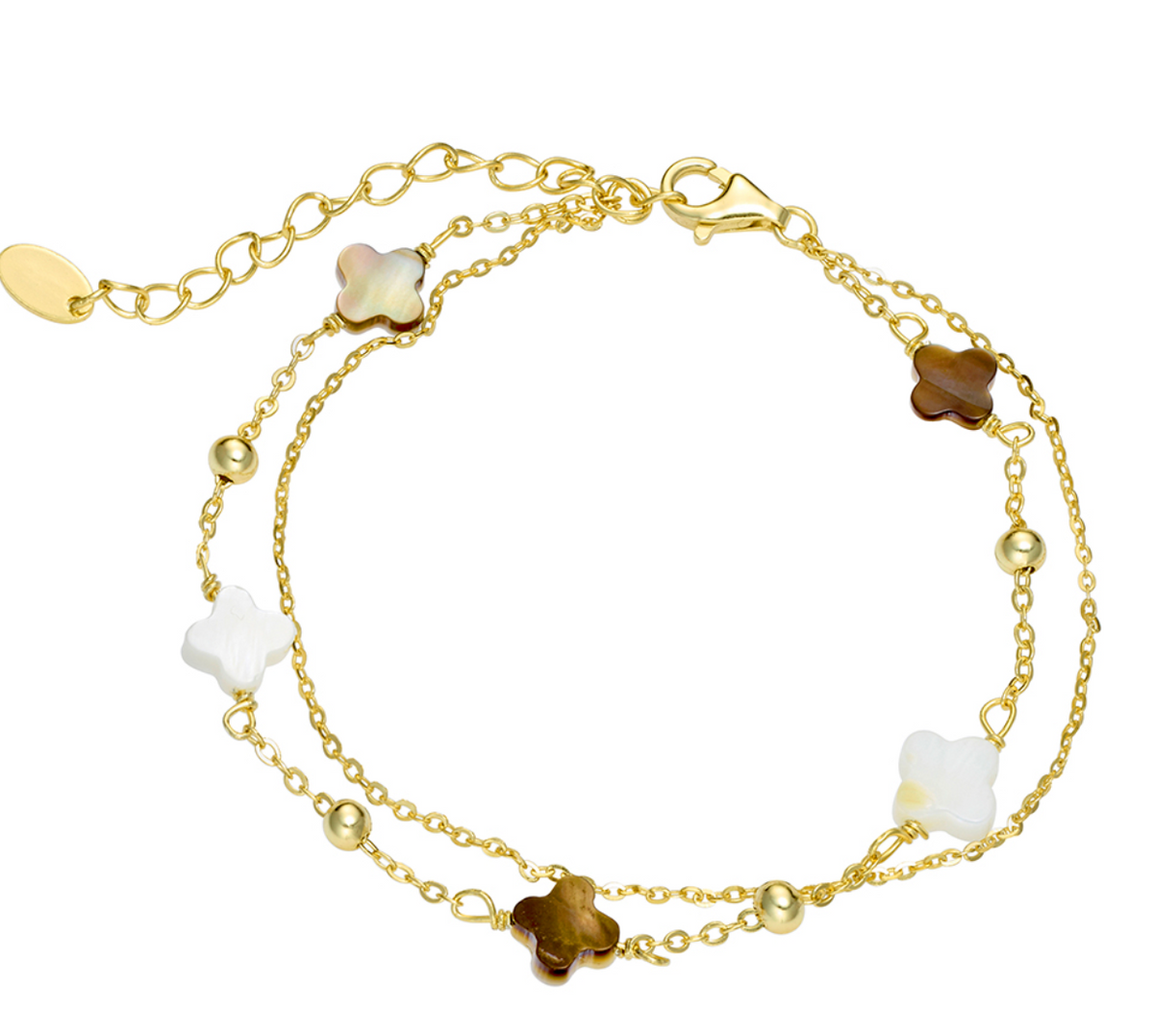 Brigid Sterling Silver Double Bracelet with Shell Clovers