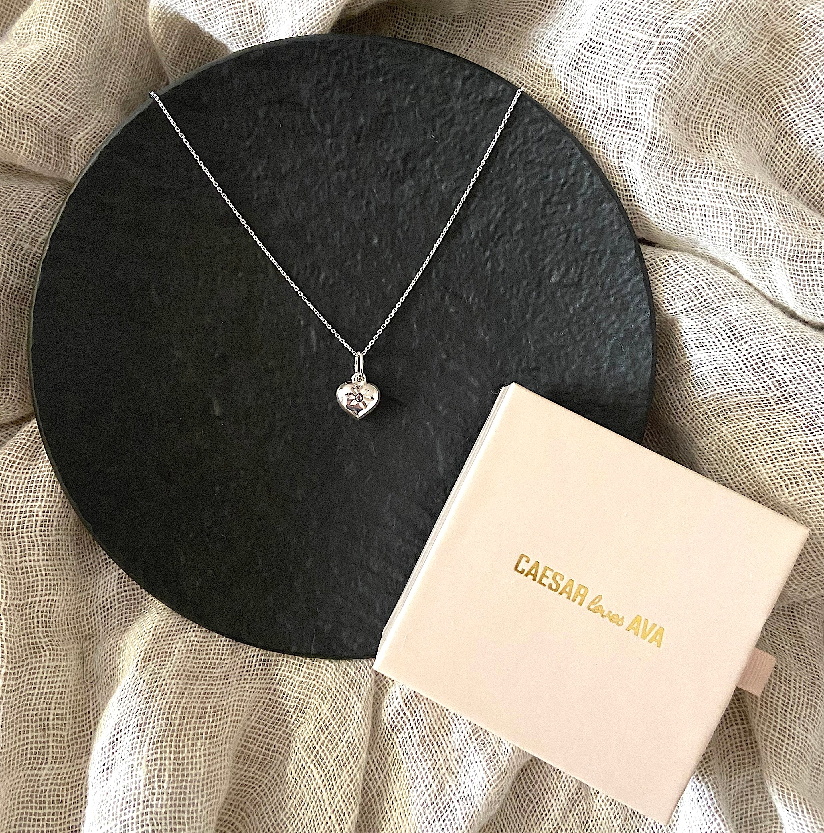 Hannah Sterling Silver Puff Heart Necklace with Pink Stone - Caesar Loves Ava