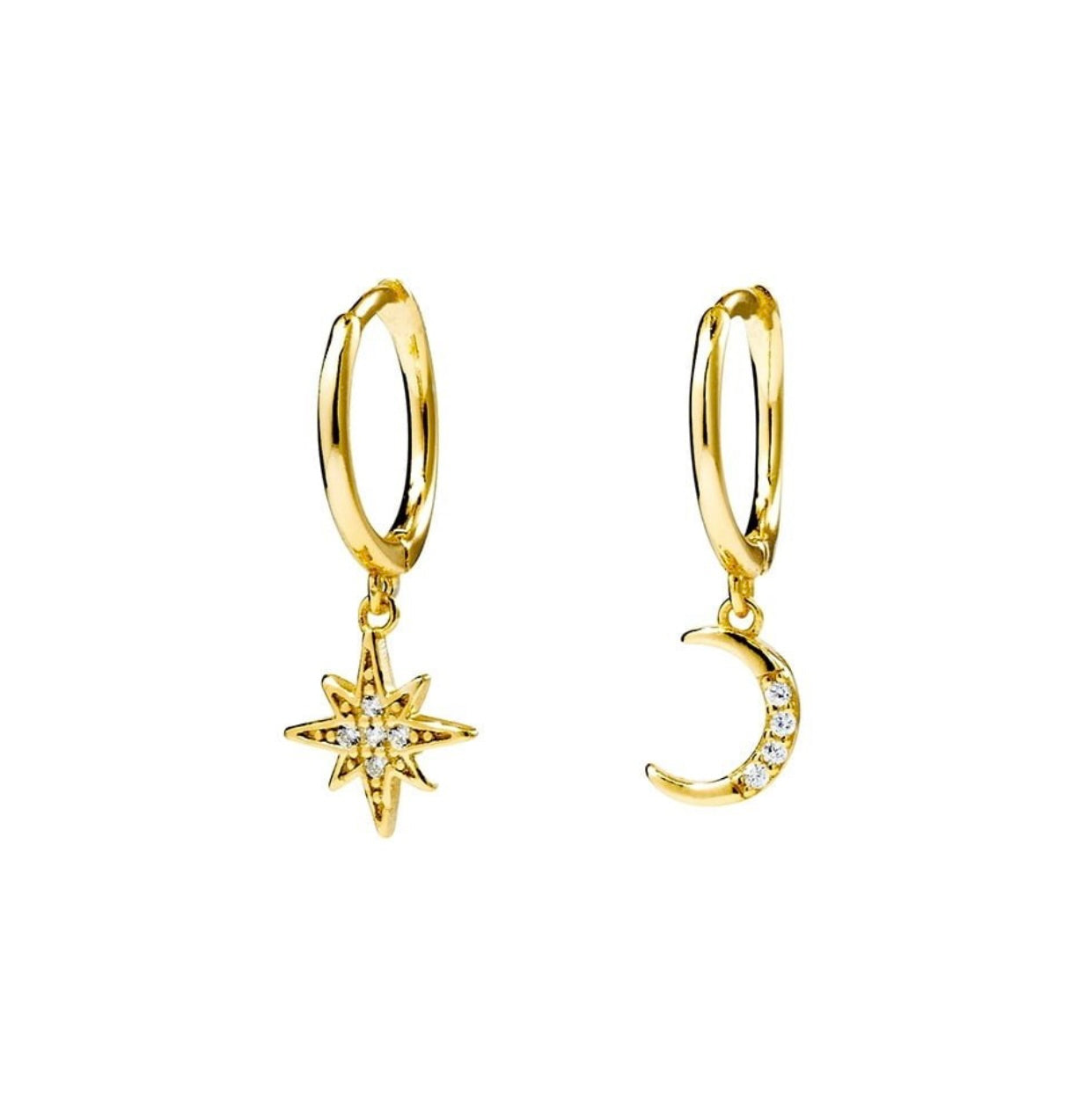 Luna Gold Plated Silver Dangling Moon and Star Earrings - Caesar Loves Ava