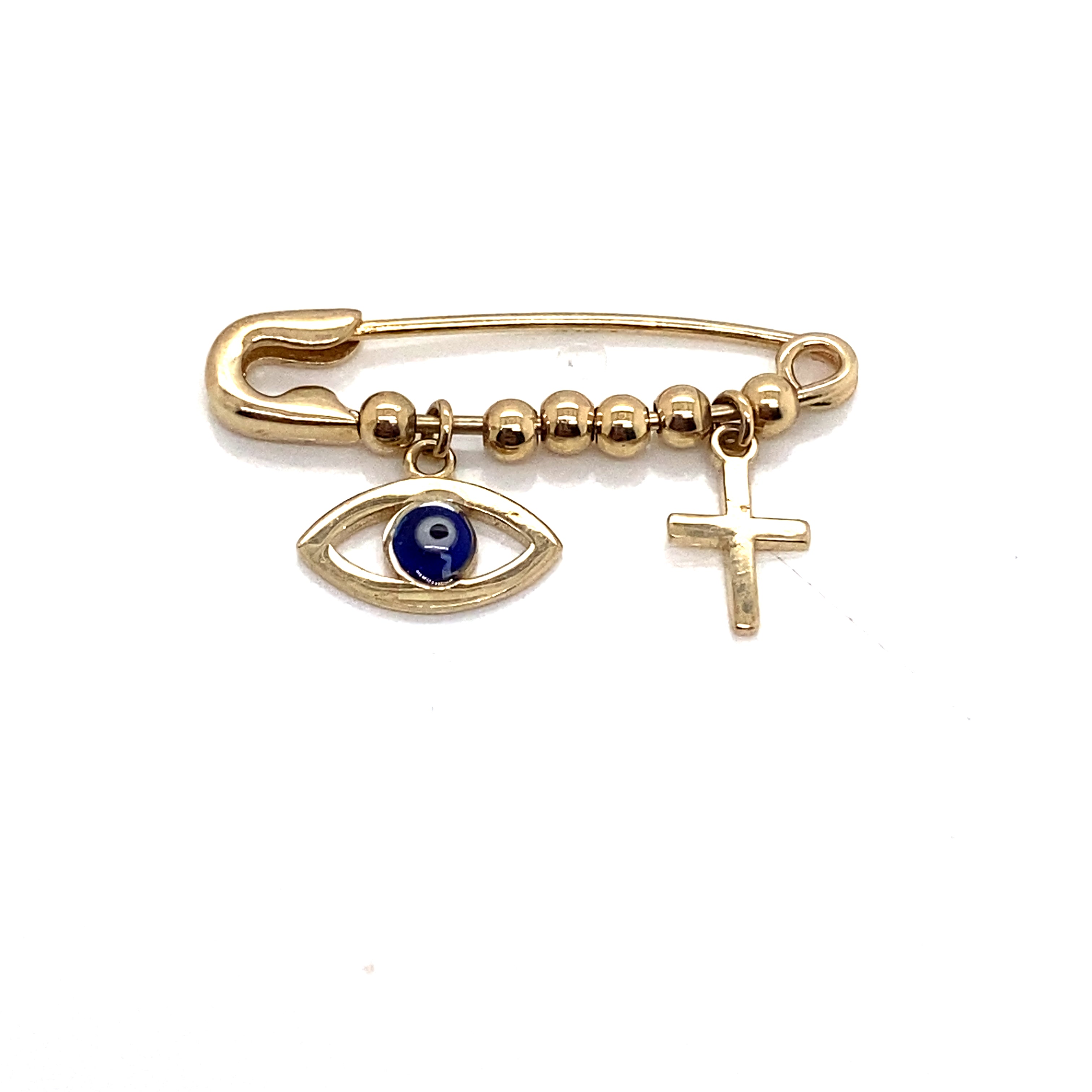 Charlie Solid Gold Safety Pin with Gold Balls, Cross and Evil Eye Charms - Caesar Loves Ava