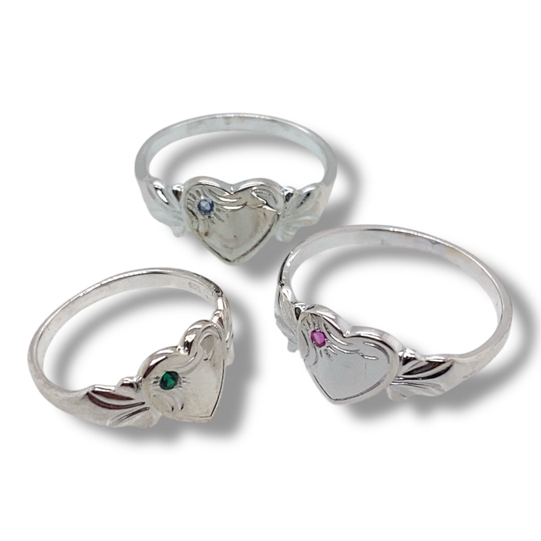 Sterling Silver Heart Signet Ring with Birthstone