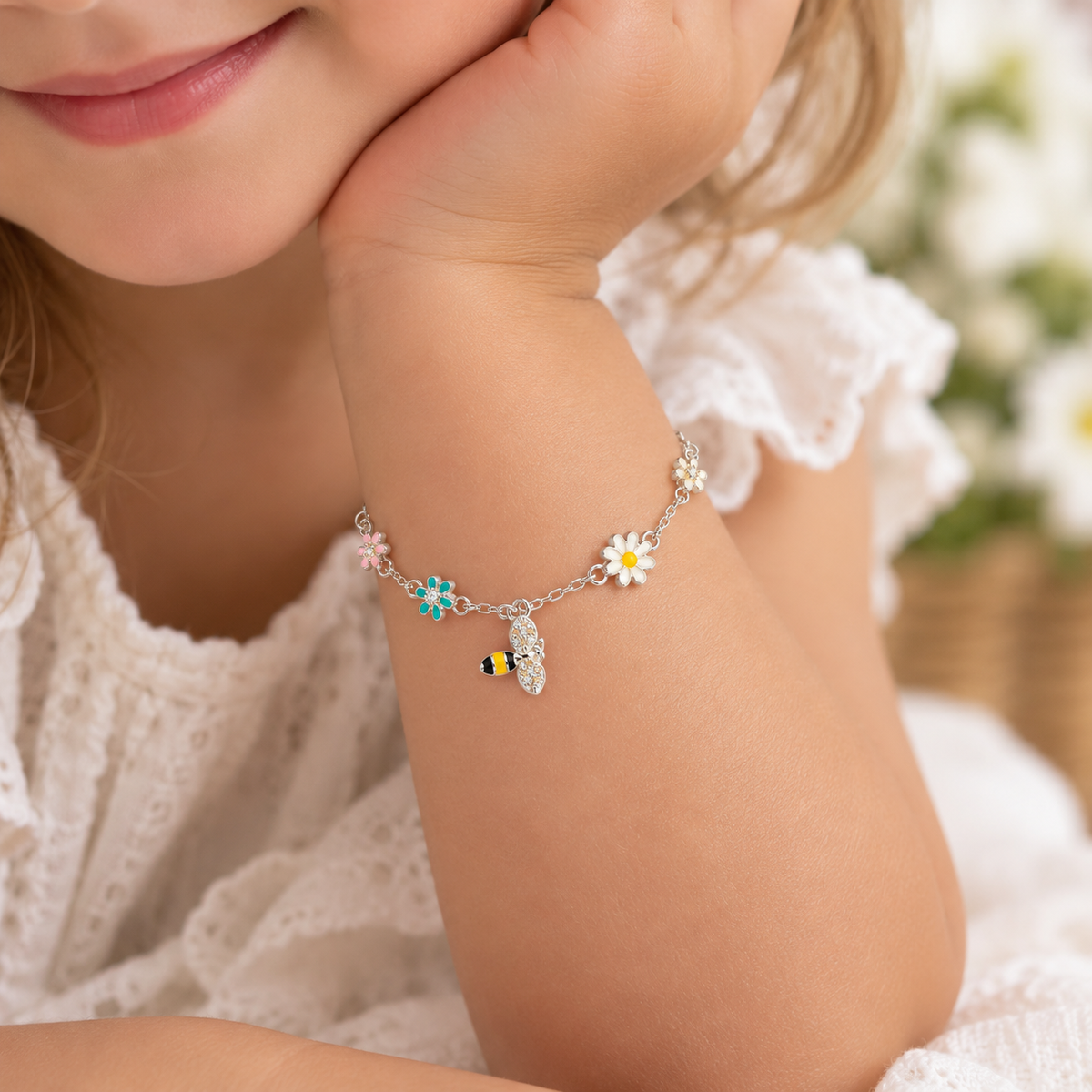 Lily Sterling Silver and Enamel Bee and Flower Bracelet