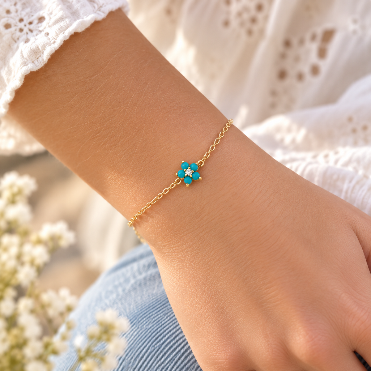 Rhian Gold Plated Silver Turquoise Single Flower Fine Bracelet