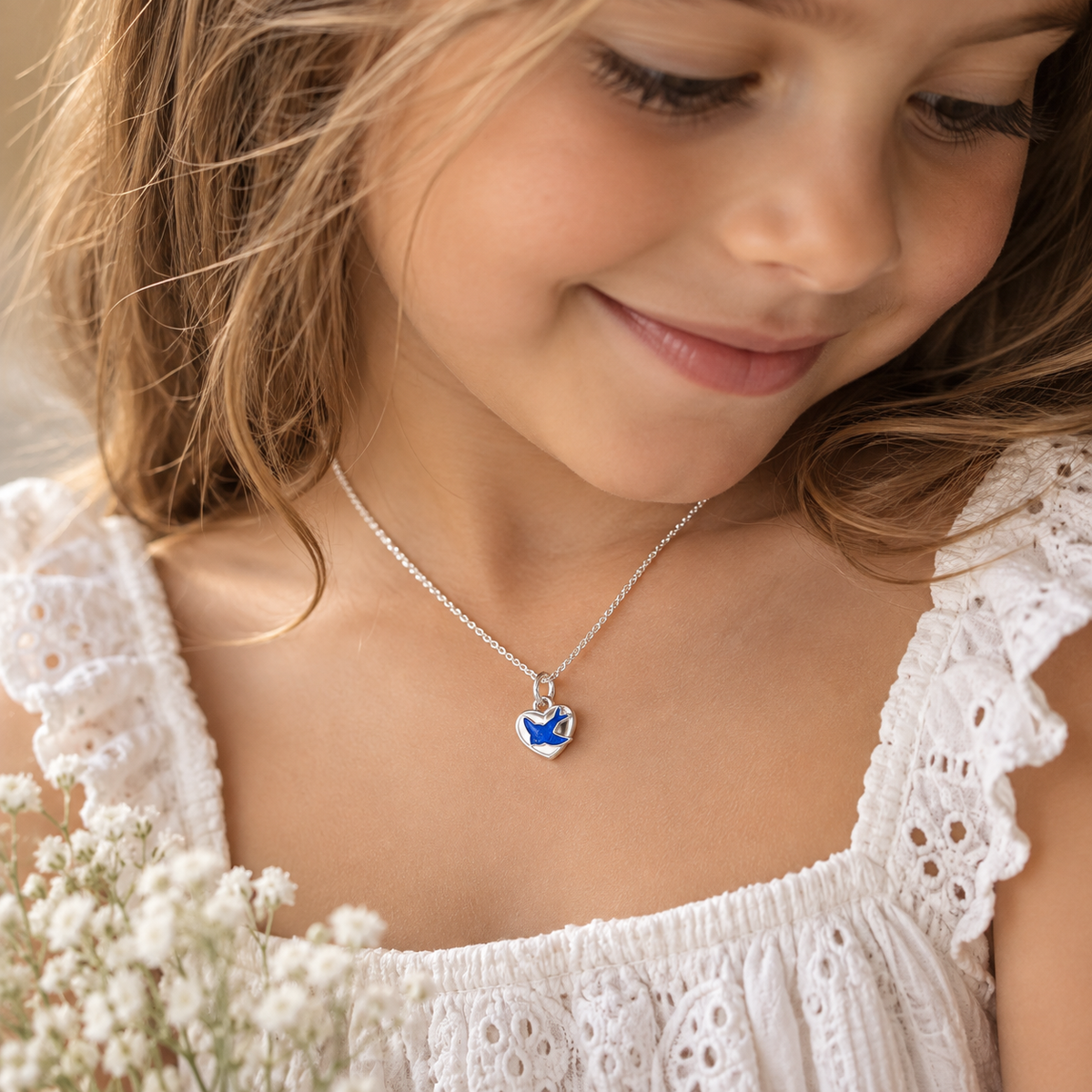 Romi Sterling Silver and Enamel Bluebird of Happiness Heart Necklaace