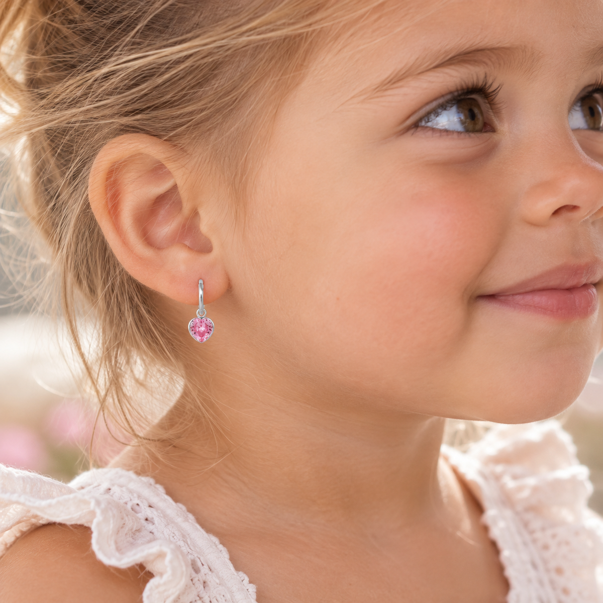 Sara Sterling Silver and Pink Cubic Zirconia Heart Hoops