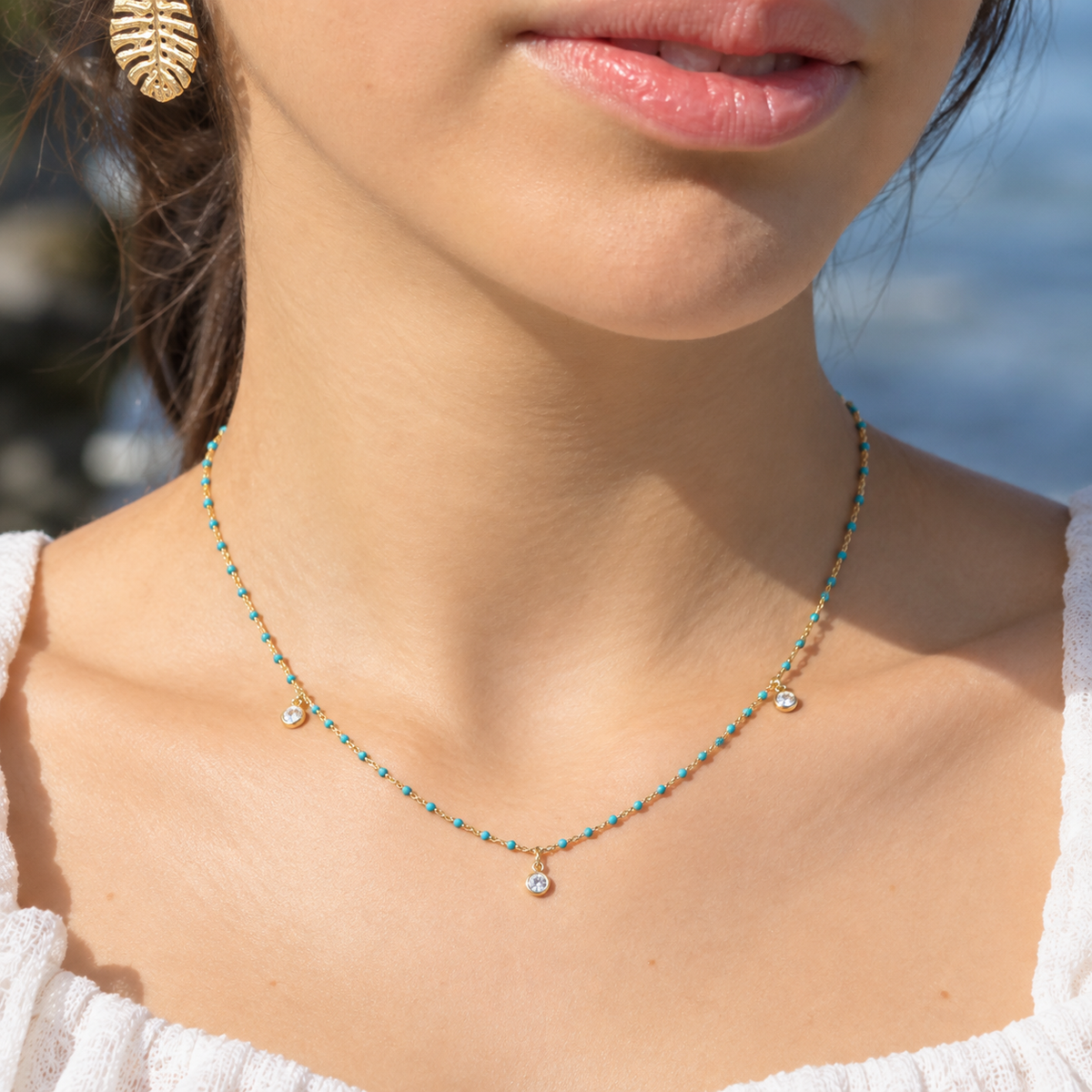 Tina Gold Plated Sterling Silver Beaded Necklace with White CZ
