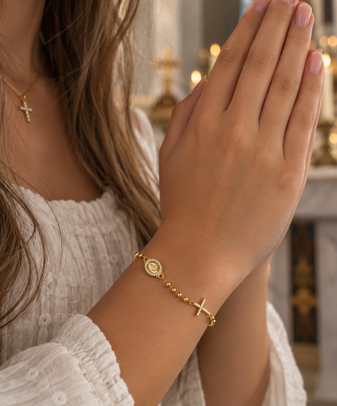 Magdeline Sterling Silver Dazzling Cross and Mother Mary Rosary Bracelet