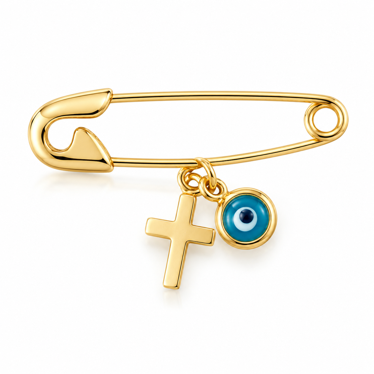 Micah Solid Gold Baby Pin with Cross and Eye Charm