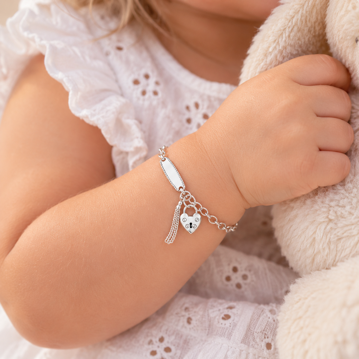 Hunter Sterling Silver Baby ID Bracelet with Padlock Heart Opening