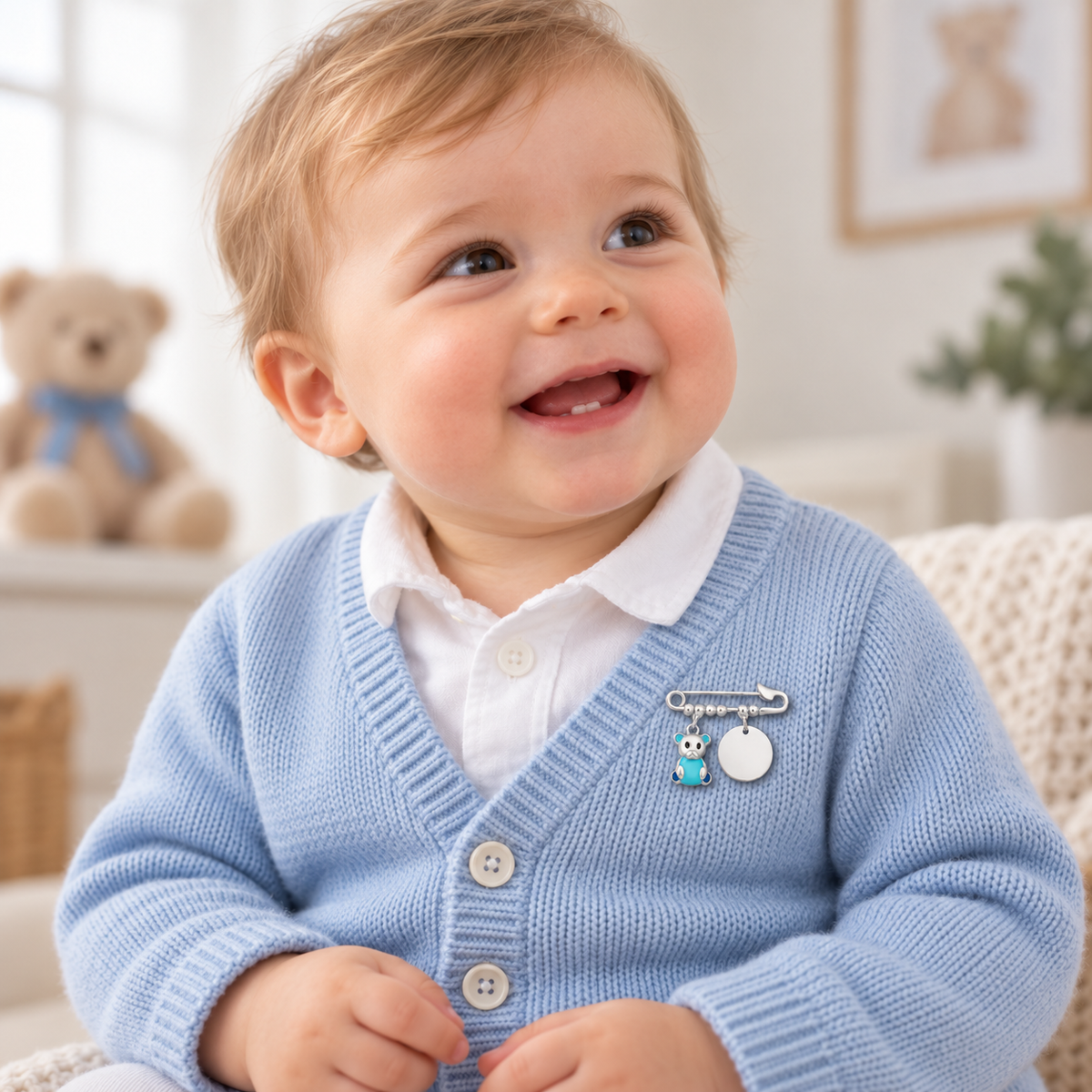 Milo Blue Teddy Bear Engravable Baby Brooch