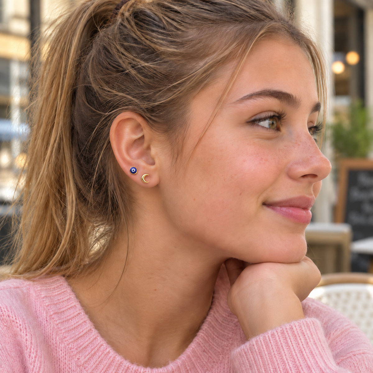 Amina Solid Gold Crescent Moon Stud Earrings