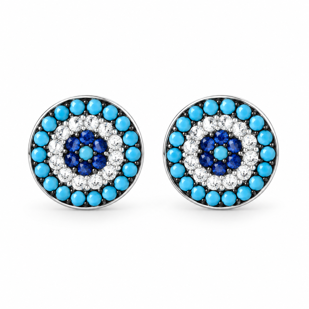 Kamila Rhodium Plated Sterling Silver and Blue Turquoise Evil Eye Studs