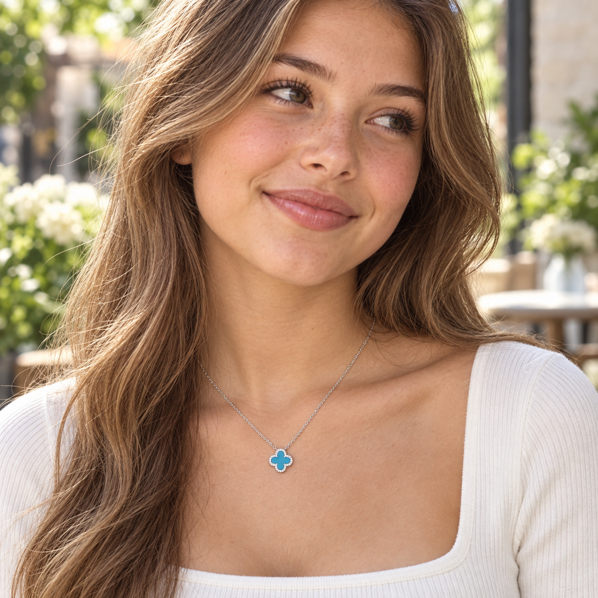 Gwyneth Sterling Silver Rhodium Plated Four-Leaf Clover with Cubic Zirconia Necklace