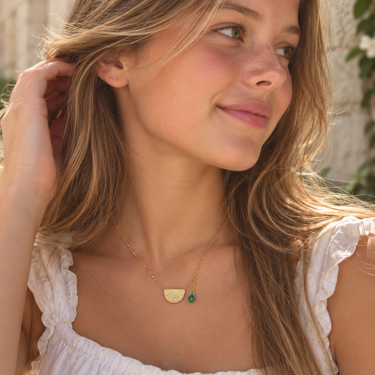 Lia Sliding Eye Silver Necklace with Green Hanging Charm