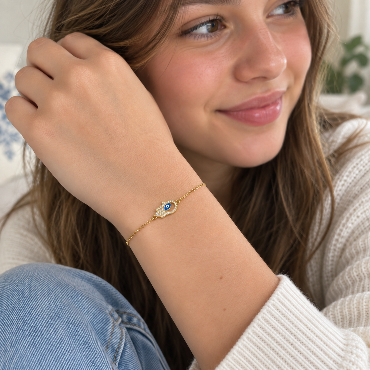 Haifa Sterling Silver Dazzling Hamsa and Evil Eye Bracelet
